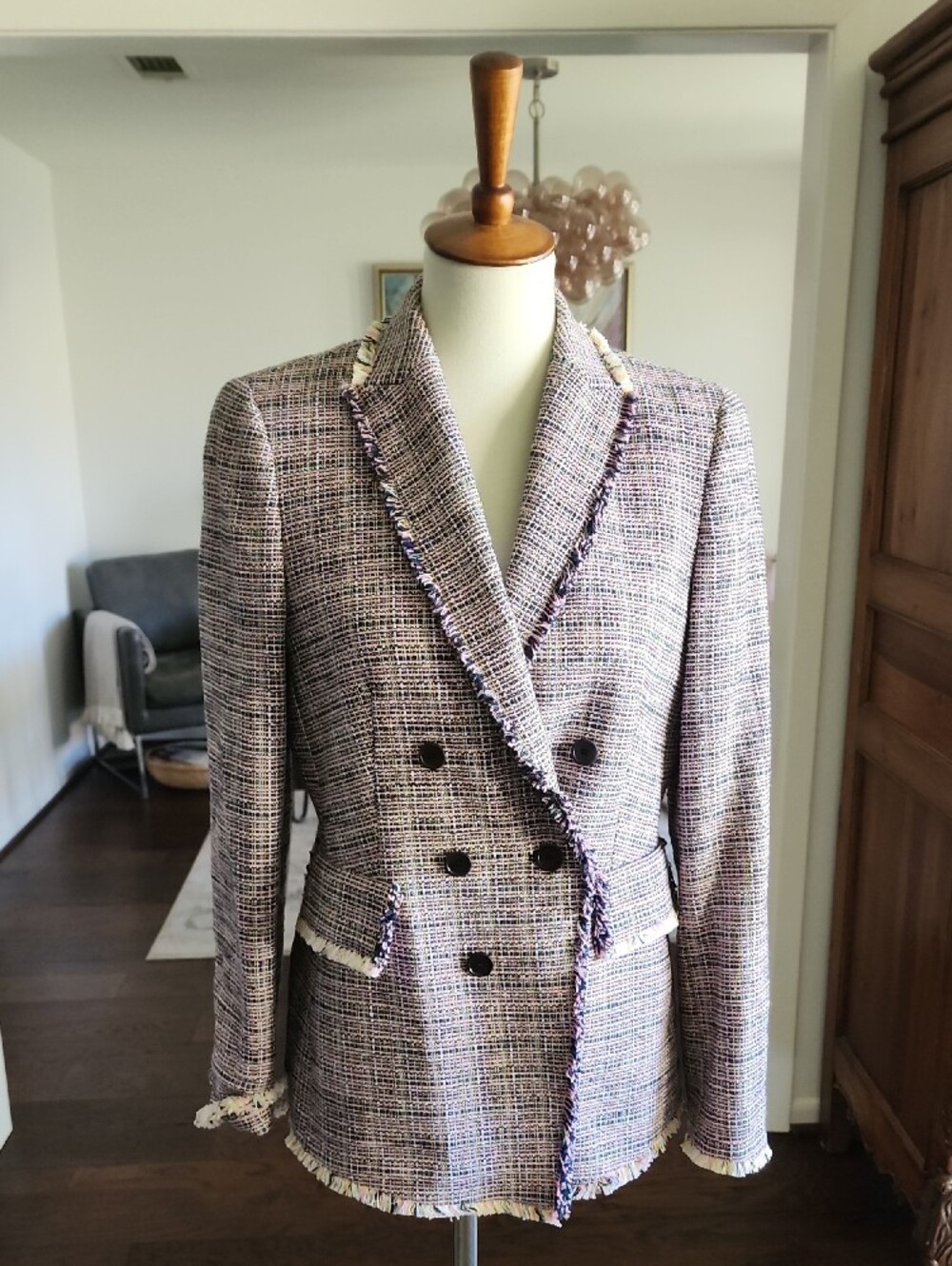 Akris Punto Multicolor Tweed Double-Breasted Blazer with Pink and Cream Tones